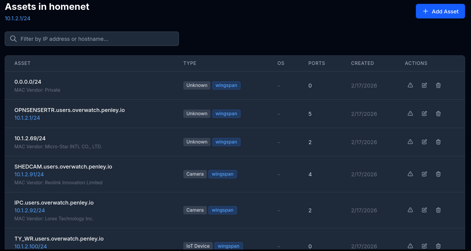 Hawkra asset inventory showing network hosts, device types, OS detection, and service discovery