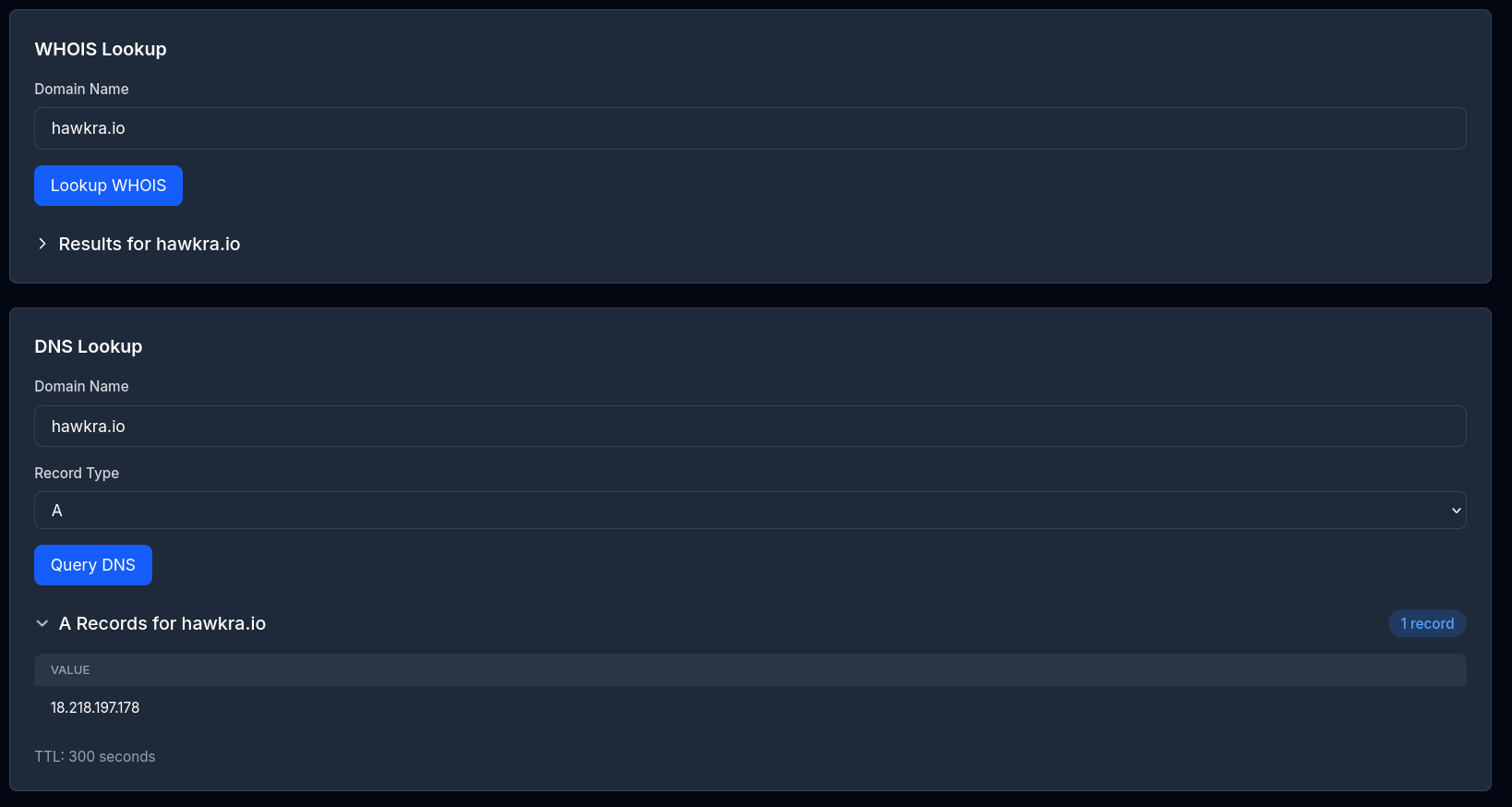 Hawkra OSINT tools with WHOIS lookups, DNS enumeration, Shodan integration, and breach checks