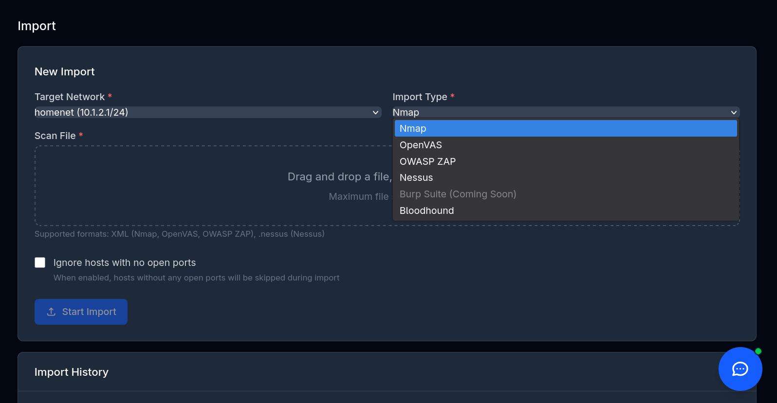 Hawkra scanner import interface supporting Nmap, Nessus, OpenVAS, Burp Suite, and more