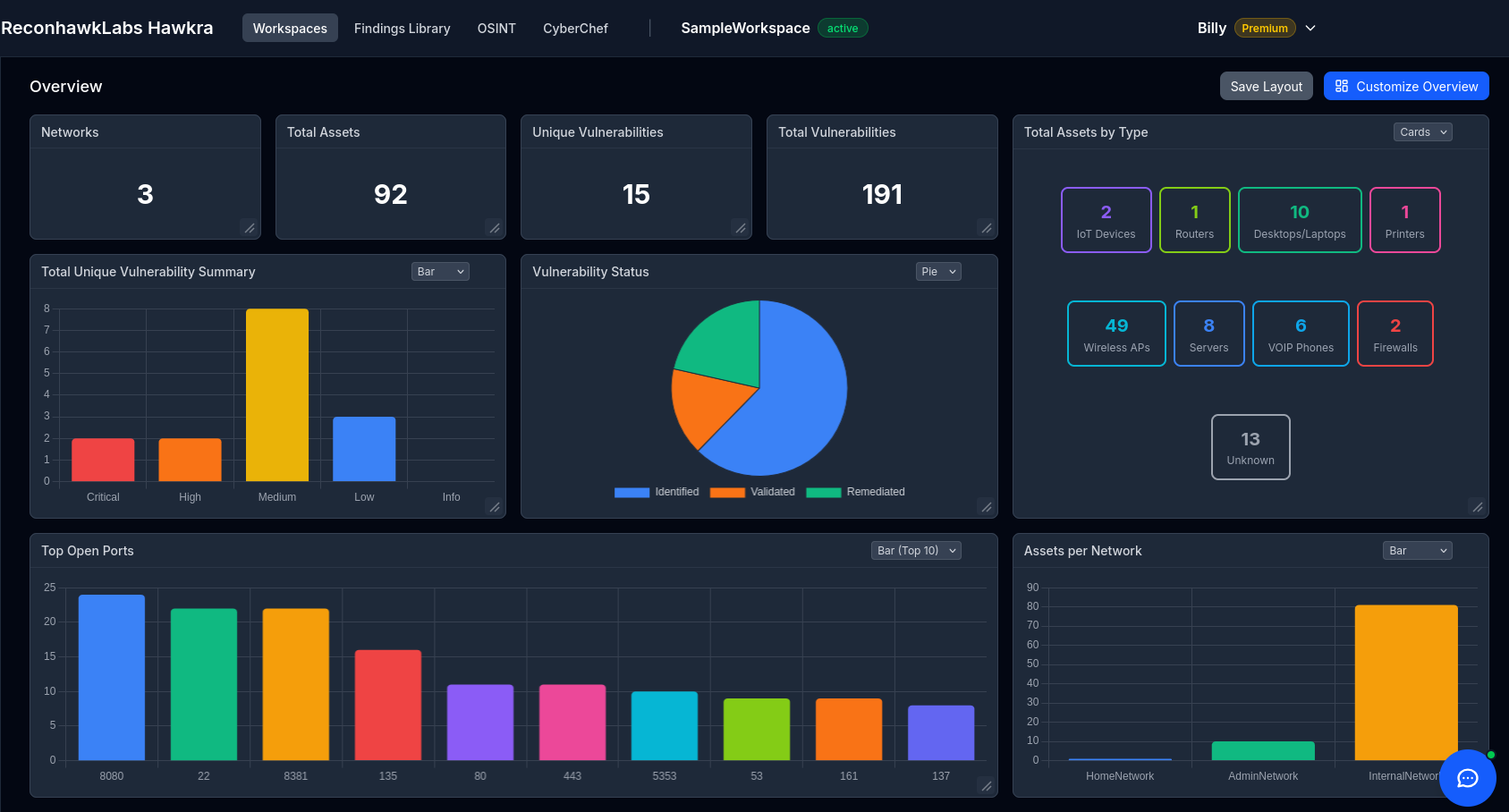 Hawkra workspace dashboard showing vulnerability tracking, asset discovery, and security posture overview